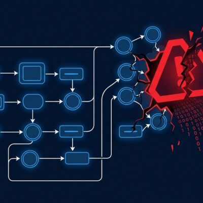 AI pipeline network diagram showing CVE-2026-9198 exploit chain attack on Langflow with red security warning overlay