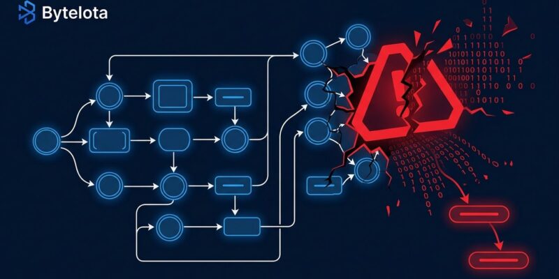 AI pipeline network diagram showing CVE-2026-9198 exploit chain attack on Langflow with red security warning overlay