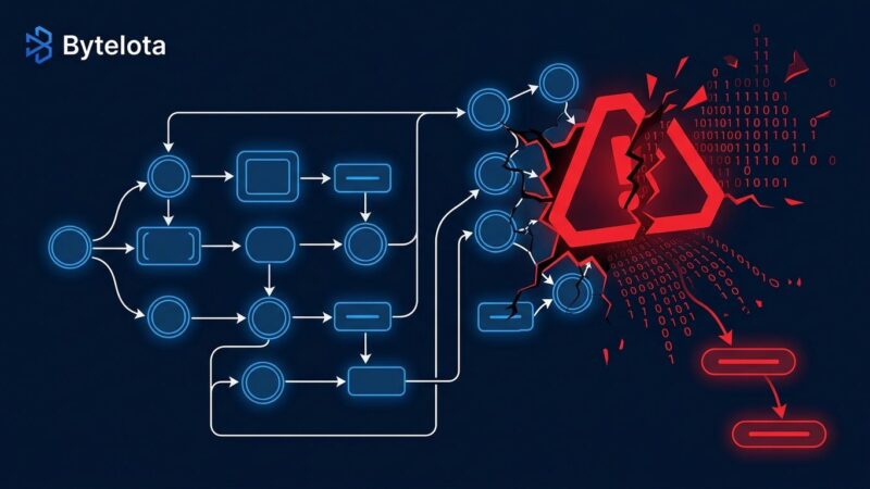 AI pipeline network diagram showing CVE-2026-9198 exploit chain attack on Langflow with red security warning overlay