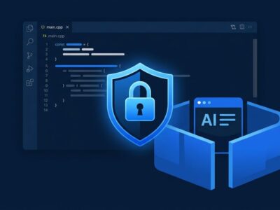 Zed code editor with OS-level AI agent sandboxing security shield illustration in blue and dark theme