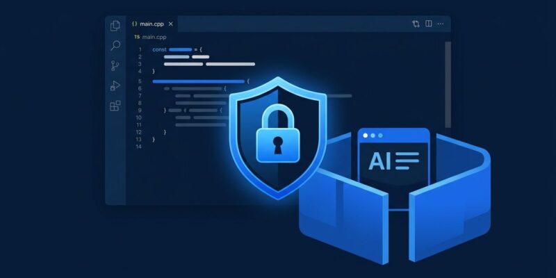 Zed code editor with OS-level AI agent sandboxing security shield illustration in blue and dark theme