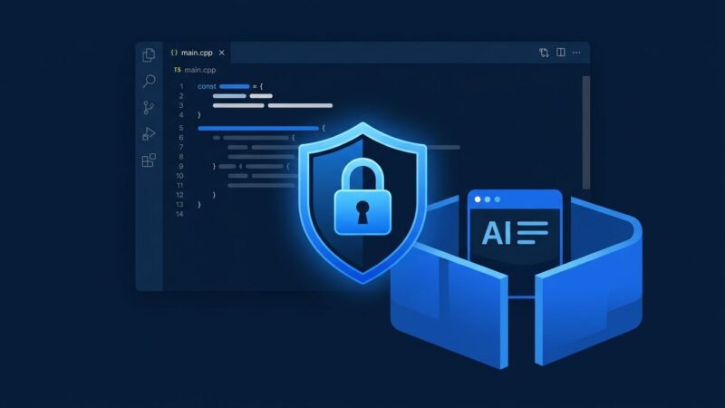 Zed code editor with OS-level AI agent sandboxing security shield illustration in blue and dark theme