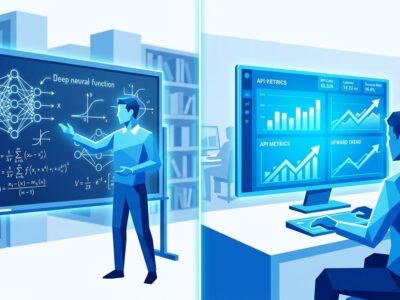 Split-screen illustration showing the transition from research-focused to operations-focused leadership at Google DeepMind