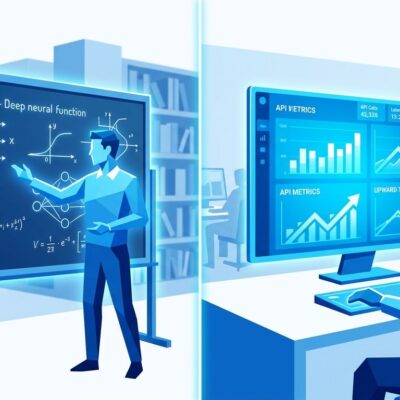Split-screen illustration showing the transition from research-focused to operations-focused leadership at Google DeepMind