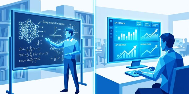 Split-screen illustration showing the transition from research-focused to operations-focused leadership at Google DeepMind