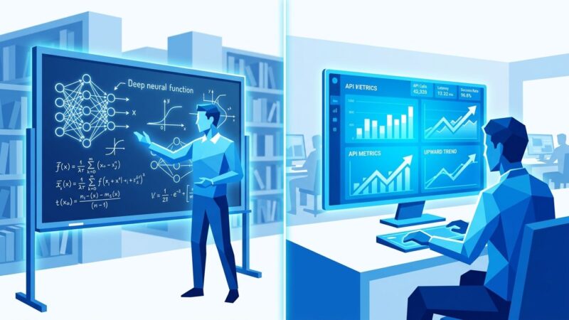 Split-screen illustration showing the transition from research-focused to operations-focused leadership at Google DeepMind
