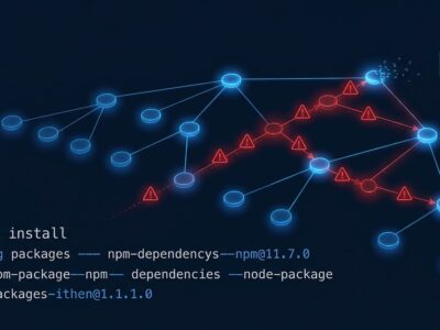 npm dependency tree with red warning symbols showing worm propagation through packages
