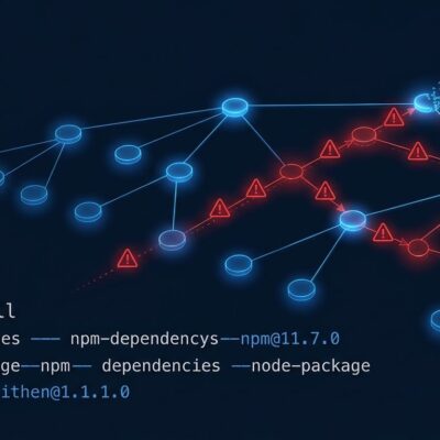 npm dependency tree with red warning symbols showing worm propagation through packages