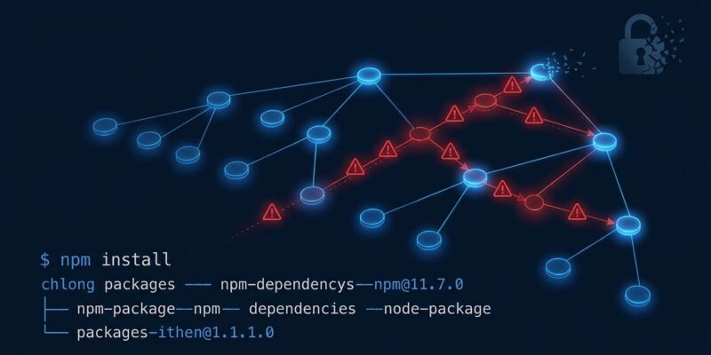 npm dependency tree with red warning symbols showing worm propagation through packages