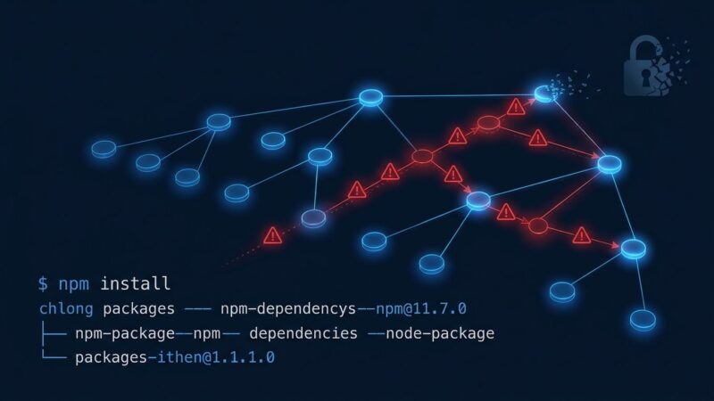 npm dependency tree with red warning symbols showing worm propagation through packages