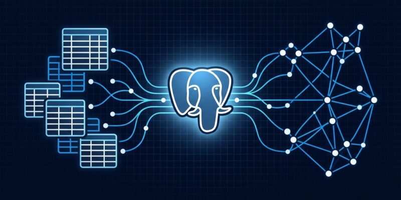 PostgreSQL 19 SQL/PGQ graph queries and REPACK CONCURRENTLY illustrated with relational tables and graph network nodes