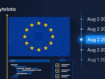 EU flag with circuit board pattern and enforcement timeline for EU AI Act August 2026