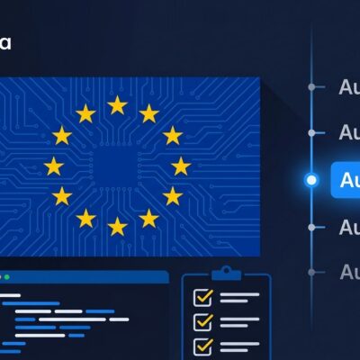 EU flag with circuit board pattern and enforcement timeline for EU AI Act August 2026