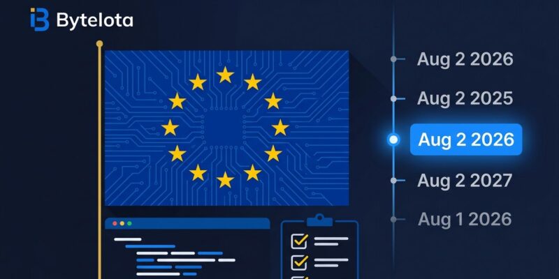EU flag with circuit board pattern and enforcement timeline for EU AI Act August 2026