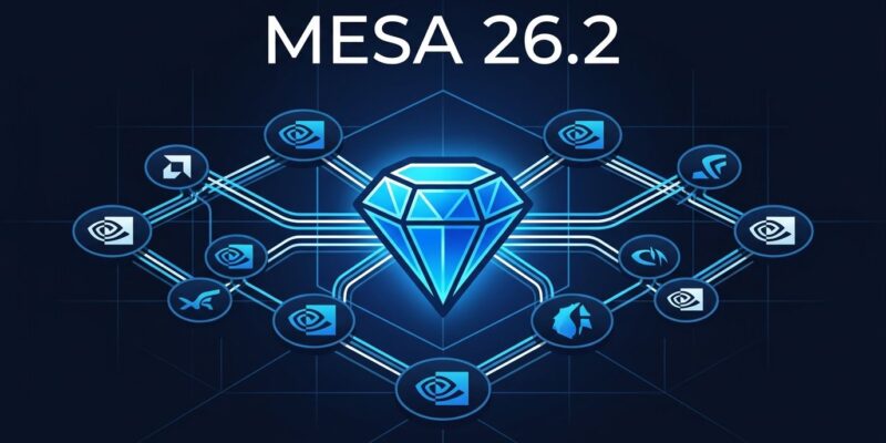 Mesa 26.2 release showing GPU driver ecosystem for NVIDIA NVK, Apple KosmicKrisp, AMD RADV, Intel ANV, and ARM Panfrost