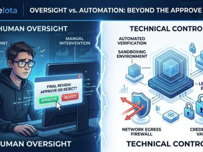 Split-screen illustration comparing human approval interface on left with automated technical sandboxing controls on right for AI agent security