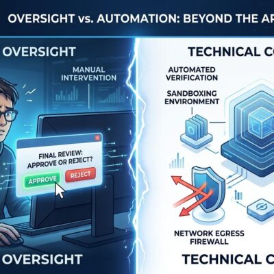 Split-screen illustration comparing human approval interface on left with automated technical sandboxing controls on right for AI agent security