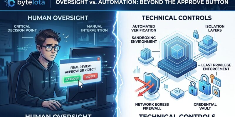 Split-screen illustration comparing human approval interface on left with automated technical sandboxing controls on right for AI agent security