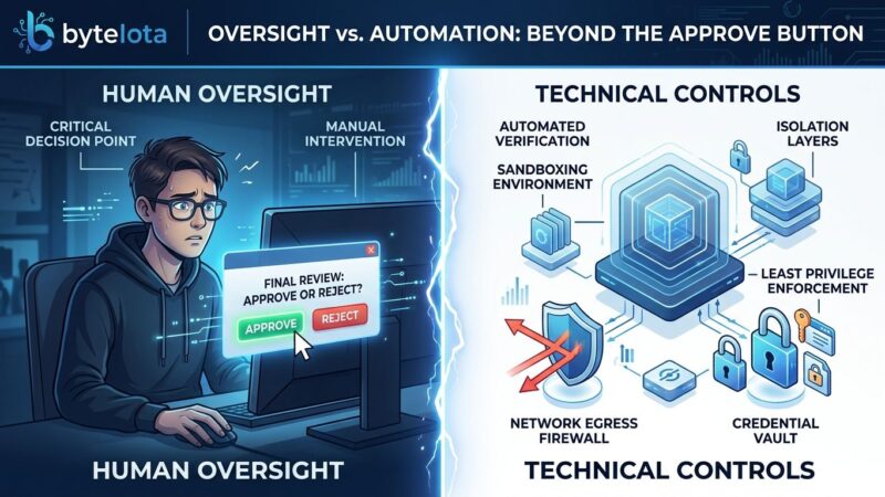 Split-screen illustration comparing human approval interface on left with automated technical sandboxing controls on right for AI agent security