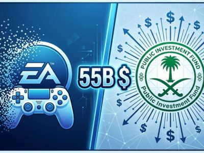 Split-screen showing EA gaming logo dissolving on left, Saudi PIF sovereign fund emblem with dollar signs on right, representing the 55 billion dollar acquisition