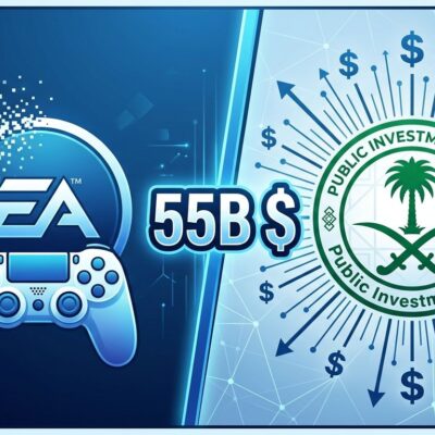 Split-screen showing EA gaming logo dissolving on left, Saudi PIF sovereign fund emblem with dollar signs on right, representing the 55 billion dollar acquisition