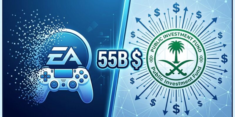 Split-screen showing EA gaming logo dissolving on left, Saudi PIF sovereign fund emblem with dollar signs on right, representing the 55 billion dollar acquisition