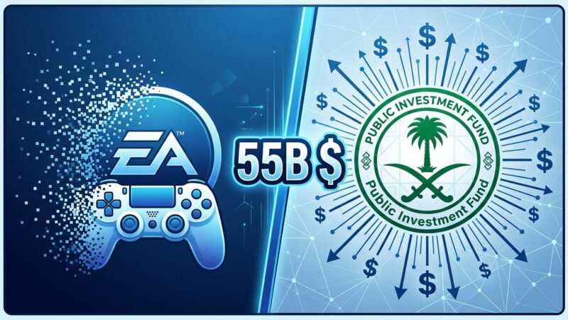 Split-screen showing EA gaming logo dissolving on left, Saudi PIF sovereign fund emblem with dollar signs on right, representing the 55 billion dollar acquisition