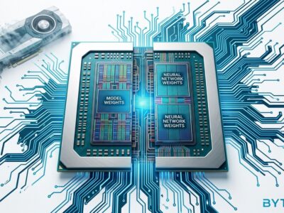 AMD Taalas acquisition - silicon chip die with AI model weights hardwired into circuit traces, contrasting with Nvidia GPU