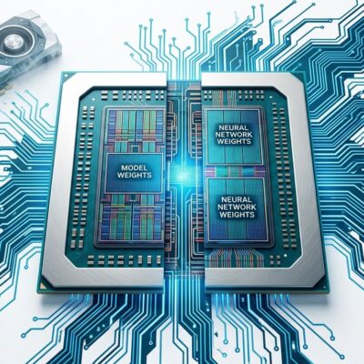 AMD Taalas acquisition - silicon chip die with AI model weights hardwired into circuit traces, contrasting with Nvidia GPU