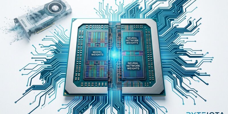 AMD Taalas acquisition - silicon chip die with AI model weights hardwired into circuit traces, contrasting with Nvidia GPU