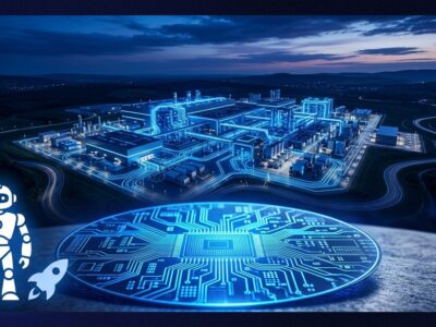 Aerial view of the Terafab semiconductor chip manufacturing facility in Texas with glowing blue circuit traces