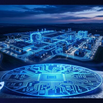 Aerial view of the Terafab semiconductor chip manufacturing facility in Texas with glowing blue circuit traces