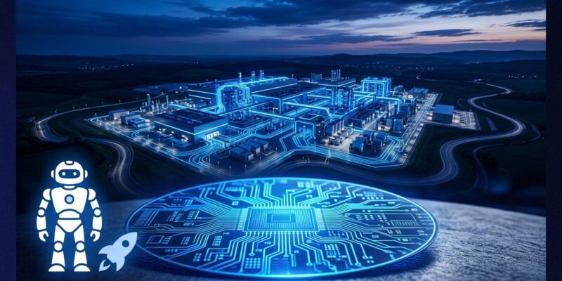 Aerial view of the Terafab semiconductor chip manufacturing facility in Texas with glowing blue circuit traces