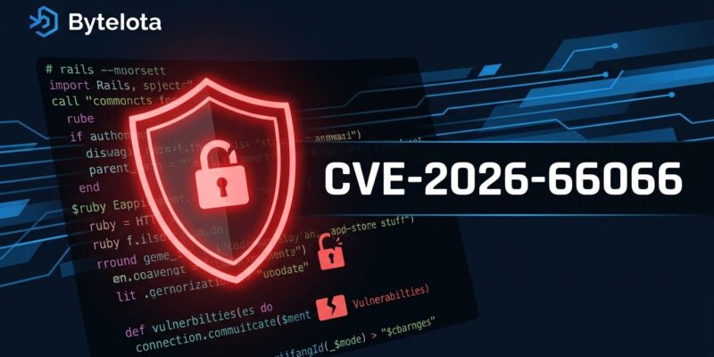 CVE-2026-66066 KindaRails2Shell: Critical Rails Active Storage vulnerability warning shield on dark terminal background