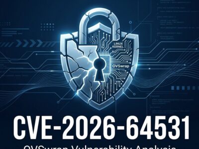Cracked shield illustration representing CVE-2026-64531 OVSwrap Linux kernel privilege escalation vulnerability