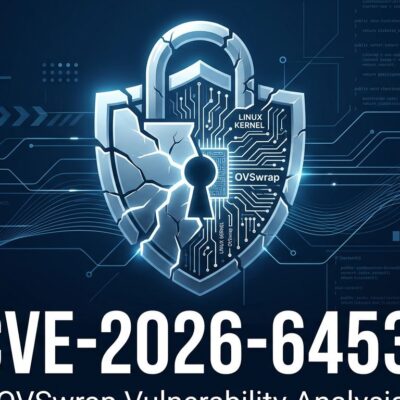 Cracked shield illustration representing CVE-2026-64531 OVSwrap Linux kernel privilege escalation vulnerability