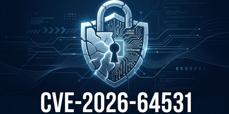 Cracked shield illustration representing CVE-2026-64531 OVSwrap Linux kernel privilege escalation vulnerability