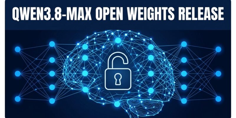 Abstract neural network visualization representing Qwen3.8-Max open weights release with blue nodes and connections on dark background