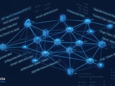 Abstract diagram of stateless MCP server nodes connected via HTTP headers, blue and white tech aesthetic