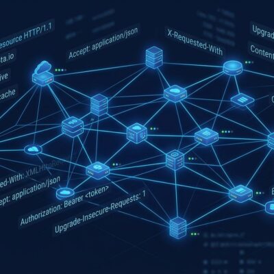 Abstract diagram of stateless MCP server nodes connected via HTTP headers, blue and white tech aesthetic