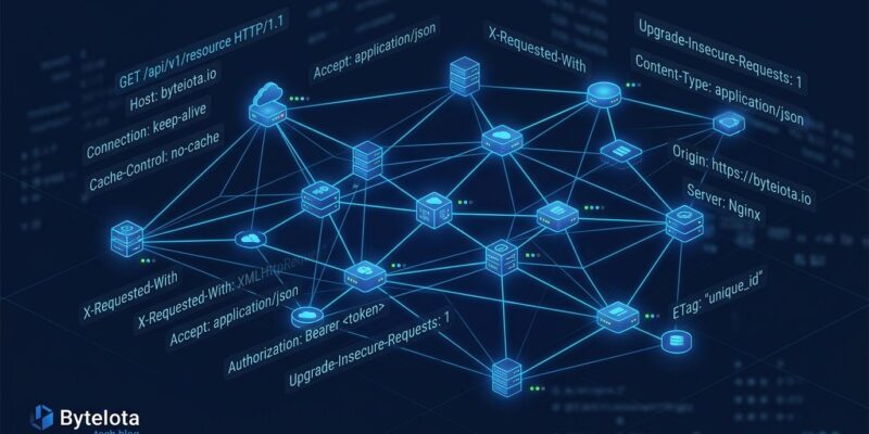 Abstract diagram of stateless MCP server nodes connected via HTTP headers, blue and white tech aesthetic
