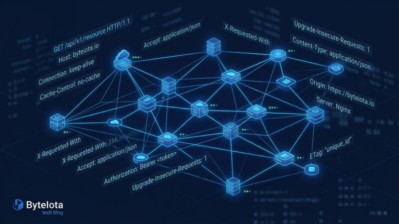 Abstract diagram of stateless MCP server nodes connected via HTTP headers, blue and white tech aesthetic