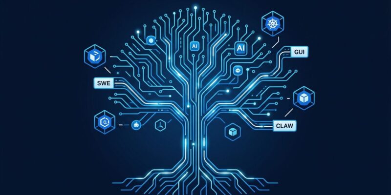 Microsoft Orchard open-source agentic AI training framework diagram showing Kubernetes-native environment service with SWE, GUI, and Claw agent domains