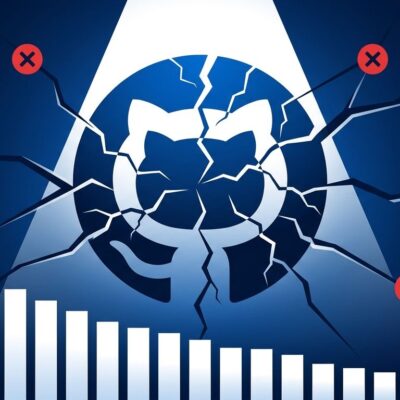 GitHub Octocat logo fractured and cracked representing the GitHub Actions reliability crisis with downtime chart