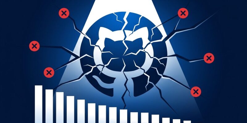 GitHub Octocat logo fractured and cracked representing the GitHub Actions reliability crisis with downtime chart