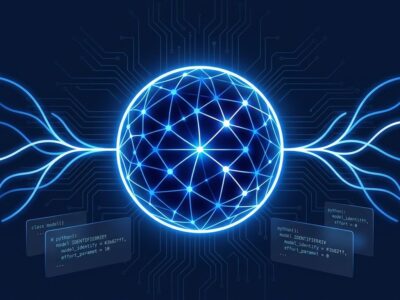 Claude Opus 5 adaptive thinking neural network illustration with Python code snippets on dark blue background