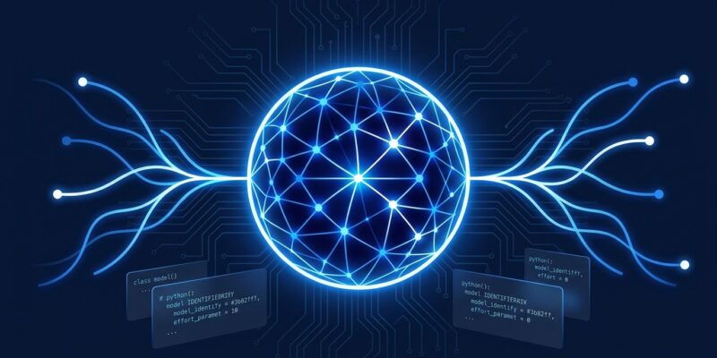 Claude Opus 5 adaptive thinking neural network illustration with Python code snippets on dark blue background