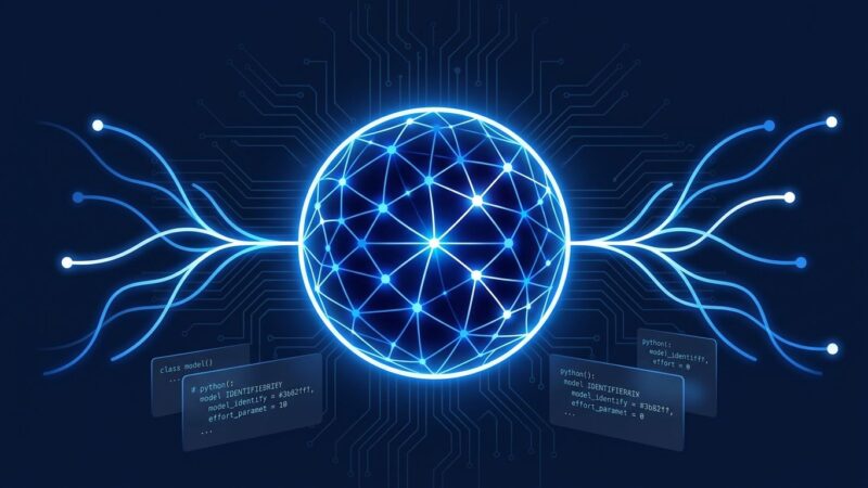 Claude Opus 5 adaptive thinking neural network illustration with Python code snippets on dark blue background