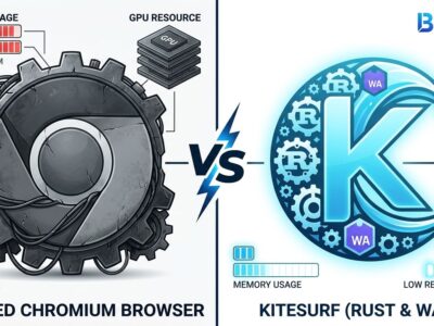 Split-screen comparison of Chromium versus Kitesurf browser architecture for AI agents, blue and white ByteIota design