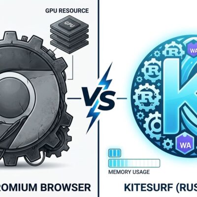 Split-screen comparison of Chromium versus Kitesurf browser architecture for AI agents, blue and white ByteIota design